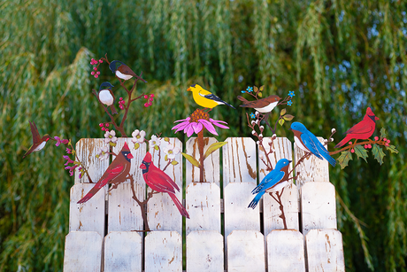 Rusty Birds home and garden decor painted bird tabs on white fence display