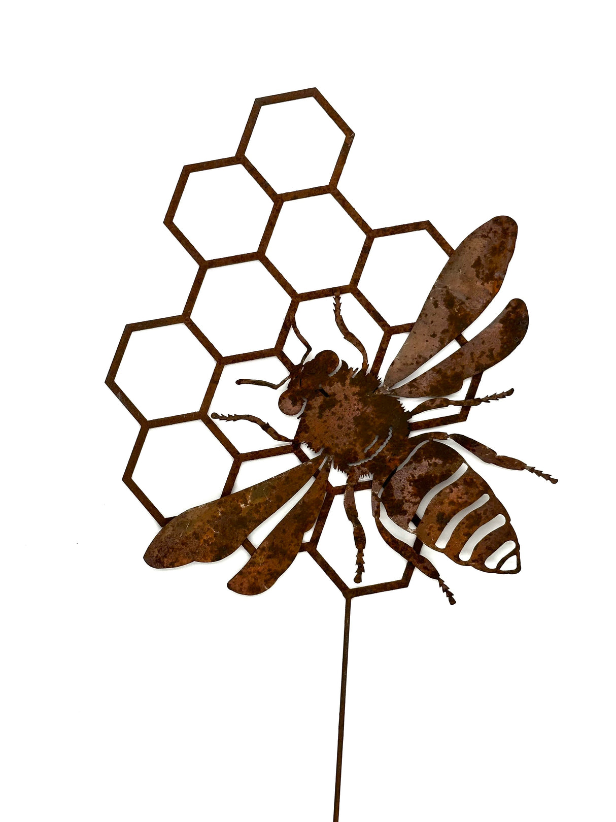 Rusted Bee Honeycomb Garden Pick