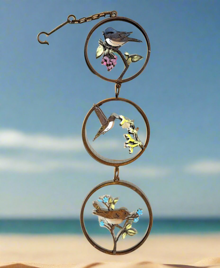 Upright Birds Hand Painted Collapsible Triple Ring