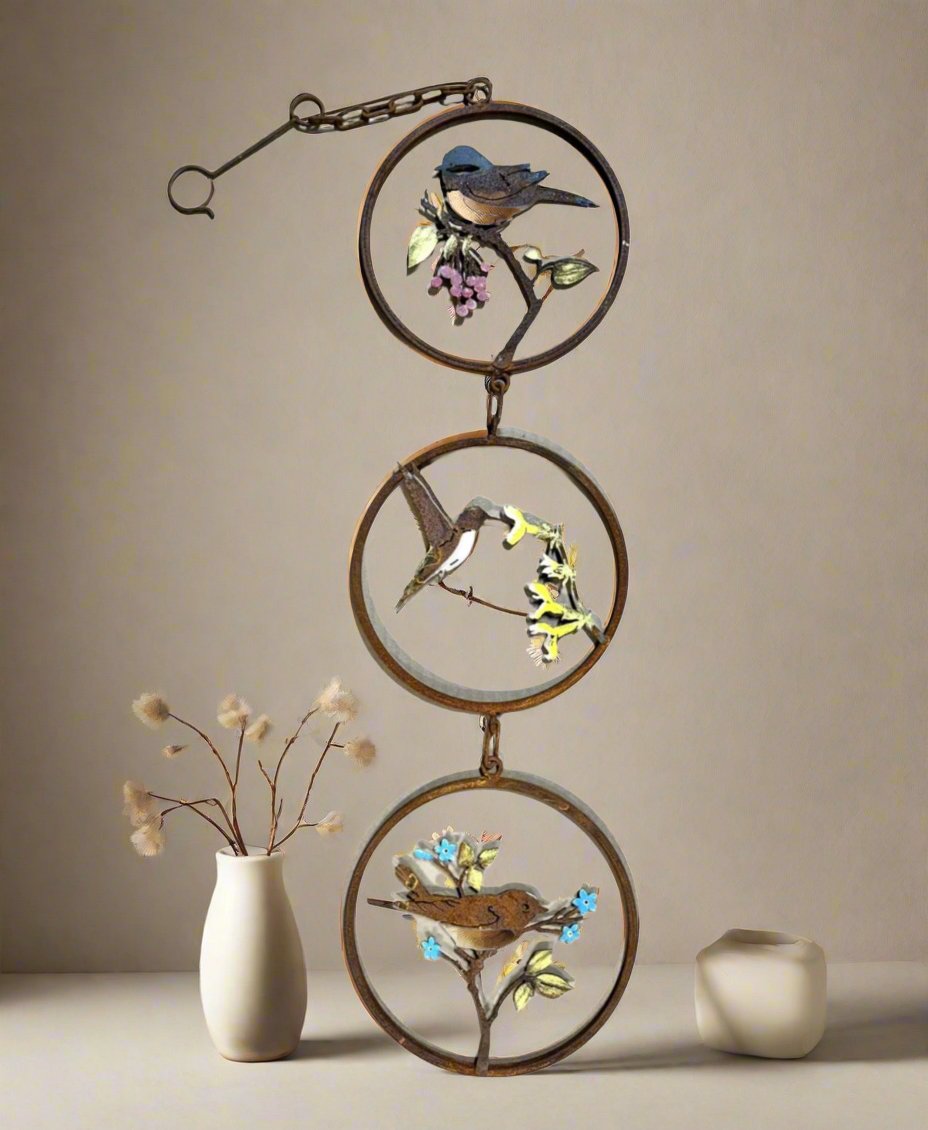 Upright Birds Hand Painted Collapsible Triple Ring