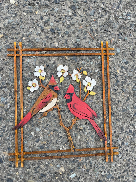 Hand Painted Cardinals on Dogwood Wall Art, Flat Frame