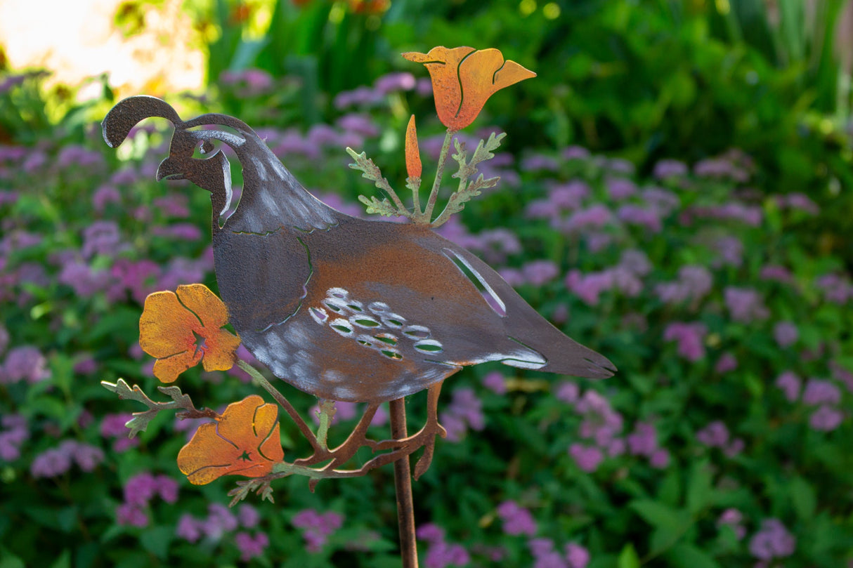 Quail on Poppies Stake Painted