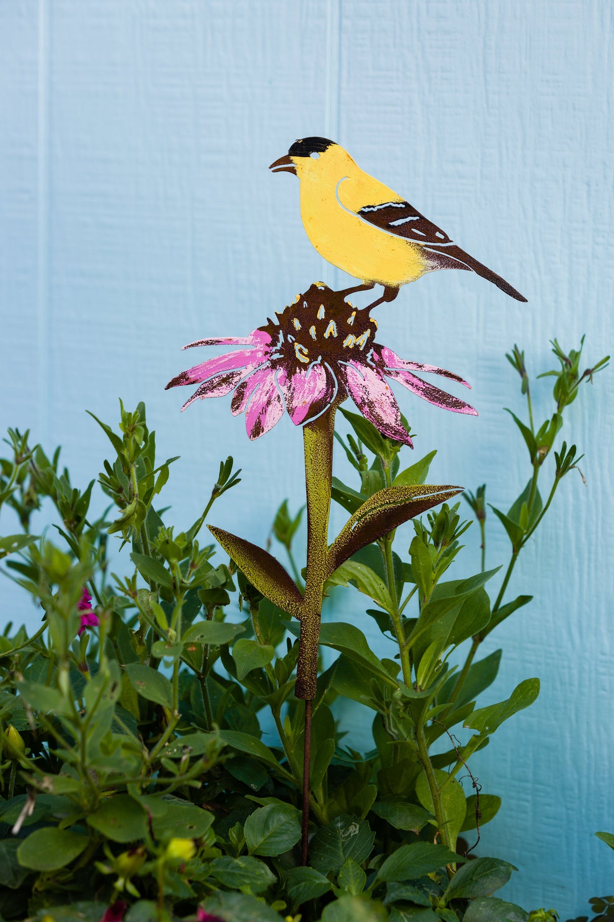 Hand Painted Goldfinch on Cone Flower Stake