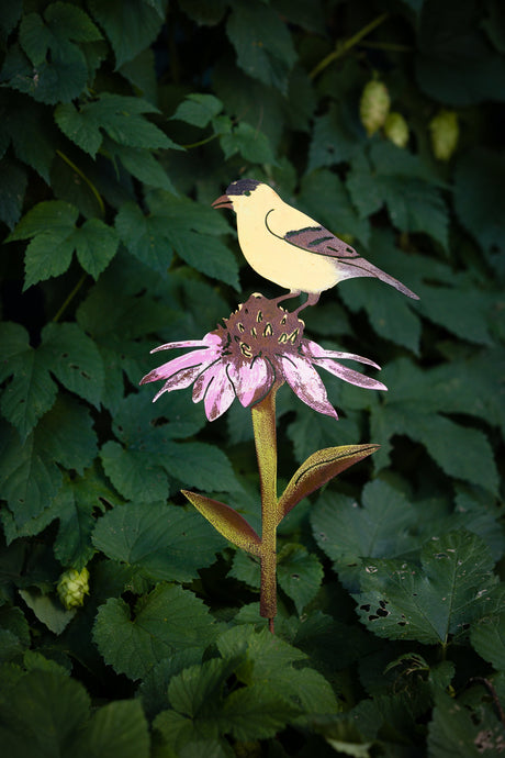 Hand Painted Goldfinch on Cone Flower Stake