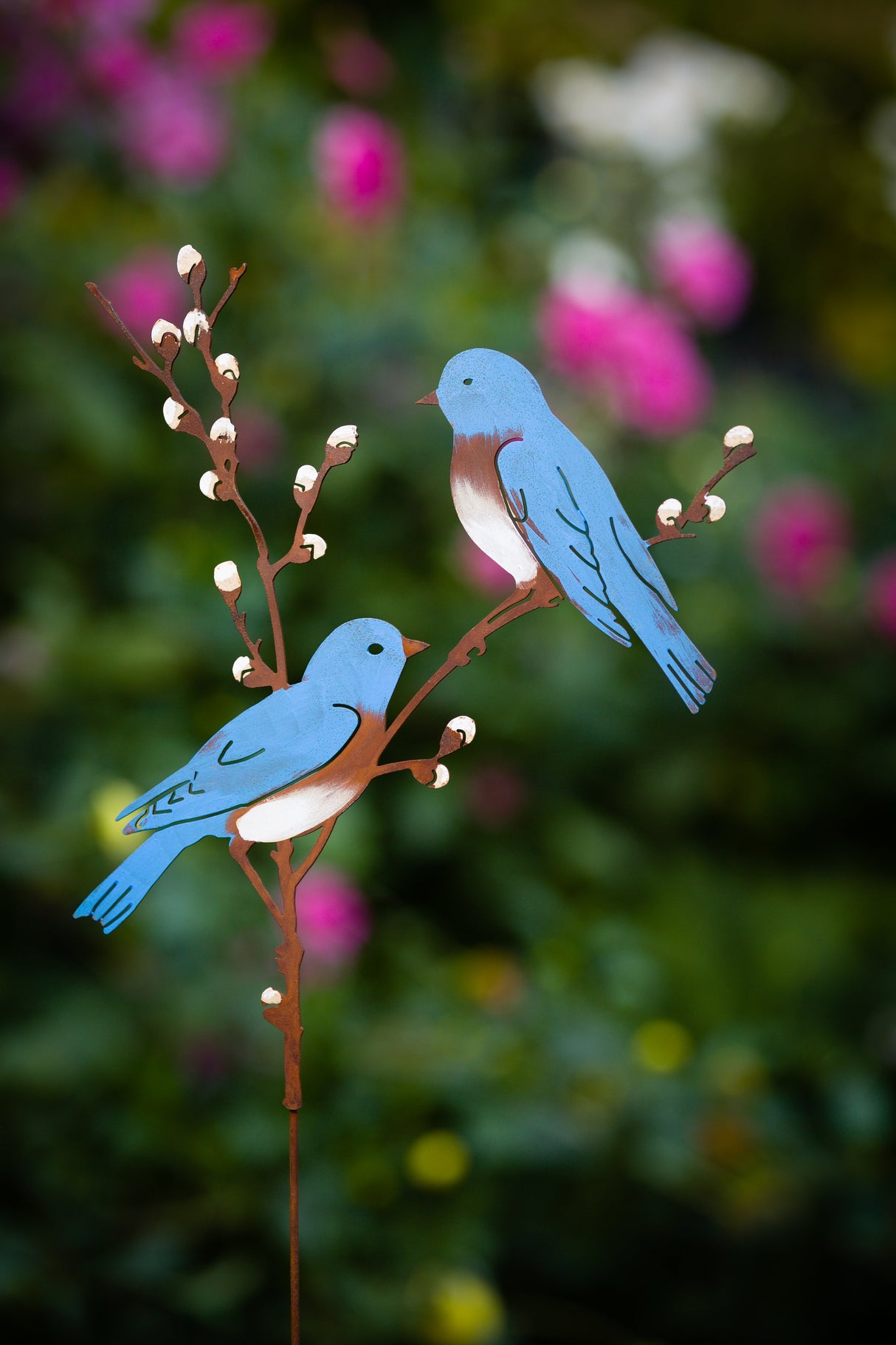 Bluebirds on Willow Branch Stake - Rusty Birds